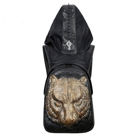 Personalized Black Embossed Leather Metallic Gold Wolf Head Large Travel Backpack Punk Style Skull Studded Cool Boys School Campus Book Bag