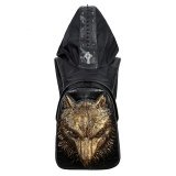 Personalized Black Leather Metallic Gold Wolf Head Travel Backpack Punk Style Embossed Skull Studded Cool Boys School Campus Book Bag