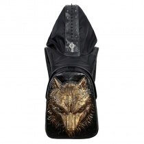 Personalized Black Leather Metallic Gold Wolf Head Travel Backpack Punk Style Embossed Skull Studded Cool Boys School Campus Book Bag