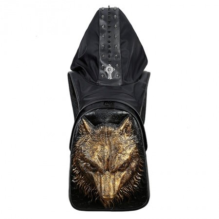 Personalized Black Leather Metallic Gold Wolf Head Travel Backpack Punk Style Embossed Skull Studded Cool Boys School Campus Book Bag