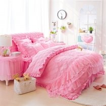 Trendy Hot Pink Victorian Heart Pattern Ruffled Lace Design Romantic Cute Girly Full, Queen Size Bedding Sets