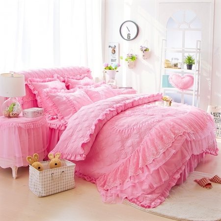 Trendy Hot Pink Victorian Heart Pattern Ruffled Lace Design Romantic Cute Girly Full, Queen Size Bedding Sets
