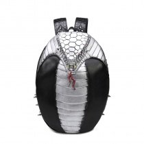 Black Leather Embossed Metallic Silver Snake-shaped Men Travel Backpack Punk Rock and Roll Spike Rivet Studded School Campus Book Bag