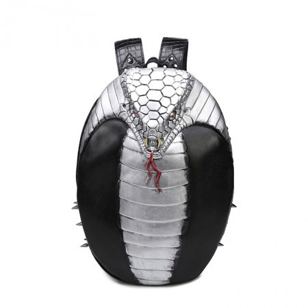Black Leather Embossed Metallic Silver Snake-shaped Men Travel Backpack Punk Rock and Roll Spike Rivet Studded School Campus Book Bag