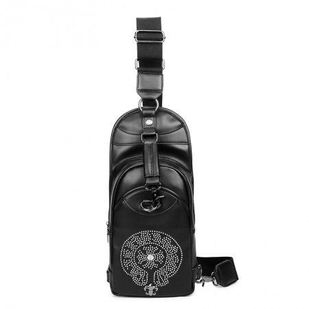 Vintage Black Patent Leather Masculine Men Crossbody Shoulder Chest Bag Korean Style Sewing Pattern Rivet Studded Travel Sling Backpack