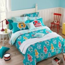 Boys Turquoise Red Orange and Grey Robot Print Hipster Style Modern and Fun Unique 100% Cotton Twin, Full, Queen Size Bedding Sets