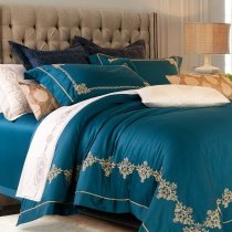 Cerulean and Gold Tribal Pattern Royal Hotel Style Noble Excellence Embroidered Luxury Egyptian Cotton Full, Queen Size Bedding Sets