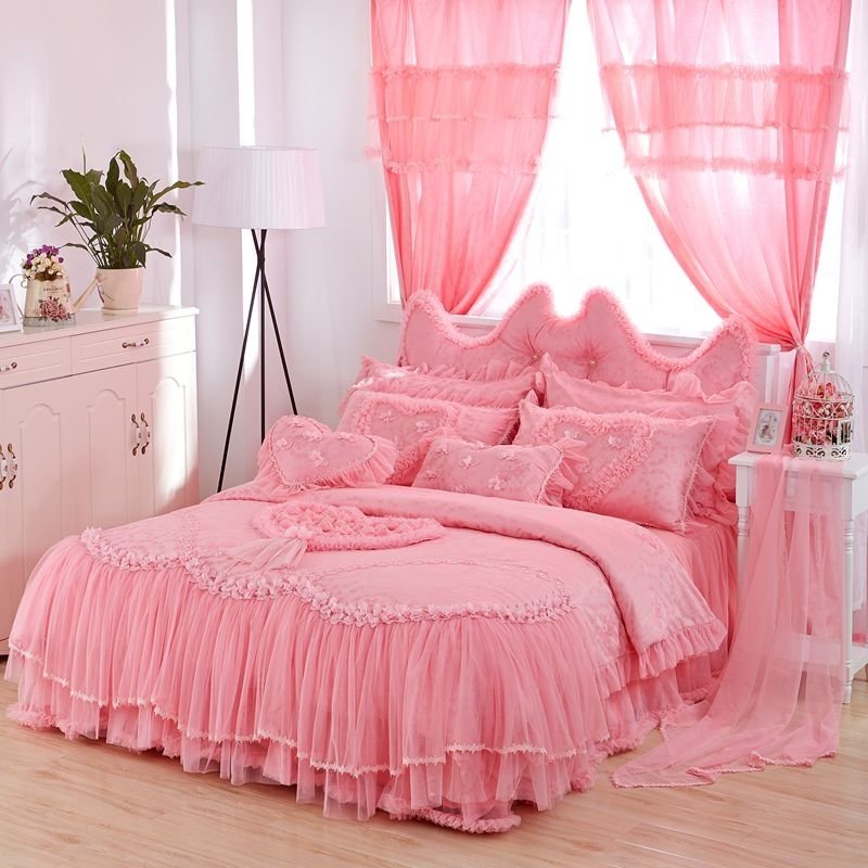 Sophisticated Elegant Pink Applique Heart Gathered Ruffle Girls Princess Vintage Romantic Jacquard Twin Full Queen Size Bedding Sets Enjoybedding Com