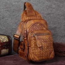 Rust Brown Distressed Waxed Genuine Cowhide Leather Crossbody Shoulder Chest Bag Vintage Braided Cool Men Casual Travel Sling Backpack