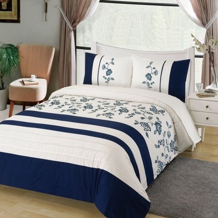 Navy Blue and White Striped and Wildflower Print Luxury Themed Full, Queen Size Bedding Sets
