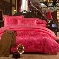 Solid Color Cerise Red Floral Pattern Feminine Feel Noble Excellence Jacquard Satin Full, Queen Size Bedding Sets