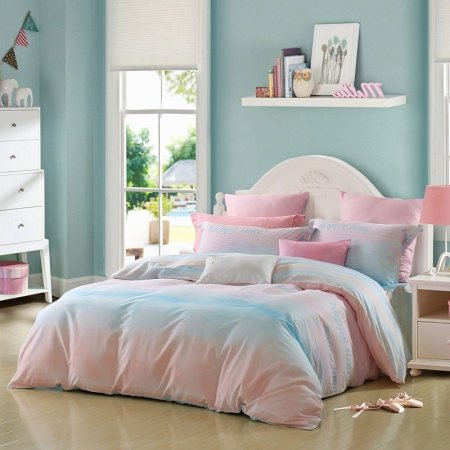 Aqua Blue and Pink Ombre Striped Print Trippy Style Simply Chic Twin, Full, Queen Size Bedding Sets