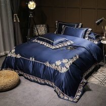Navy Blue Embroidered Tropical Hawaiian Floral Border Luxury Villa Simply Shabby Chic Satin Full, Queen Size Bedding Sets