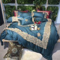 Peacock Blue and Gold Embroidered Vintage Victorian Lace Border Noble Excellence Villa Luxury Egyptian Cotton Full, Queen Size Bedding Sets