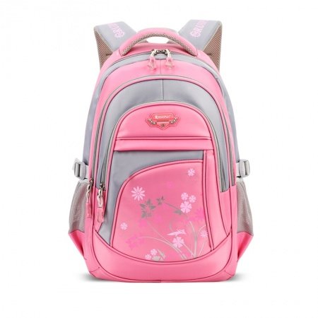 Blush Pink and Silver Gray Polyester Girls Pupil School Book Bag Lightweight Floral Print Kids Campus Backpack