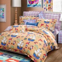 Funky Kids Blue Red White and Orange Boat and Palm Tree Print Nautical Themed Twin, Full, Queen Size Bedding Sets