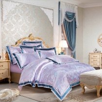 Sequin Lavender Purple Blue and Aqua Tribal and Scroll Print Bohemian Baroque Style Luxury Jacquard Satin Full, Queen Size Bedding Sets