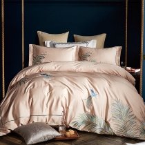 Light Tan and Green Botanical and Butterfly Print Luxury Embroidered Tropical Hawaiian Full, Queen Size Bedding Sets