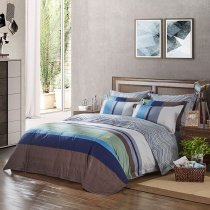 Teen Boys Aqua Blue Brown Gray and White Rugby Stripe Print Simply Masculine Full, Queen Size Bedding Sets