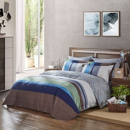 Teen Boys Aqua Blue Brown Gray and White Rugby Stripe Print Simply Masculine Full, Queen Size Bedding Sets