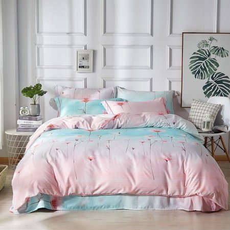 Aqua and Pink Ombre Style Wildflower Print Rustic Chic Elegant Bedding Sets