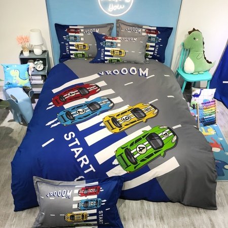 Green Blue and Gray Car Print Hipster Modern Chic Twin, Full, Queen Size Bedding Sets for Boys Children Kids
