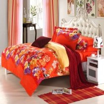 Deep Orange Purple and Yellow Oriental Peony Blossom Print Modern Chic Colorful Full, Queen Size Bedding Sets
