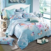 Baby Blue Purple and Orange Beautiful Butterfly Cute Girly Themed Elegant 100% Tencel Full, Queen Size Bedding Sets