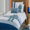 Steel Blue and White Boys Robot Pattern Modern Chic Simply Chic Hipster Style 100% Organic Cotton Twin, Full Size Bedding Sets