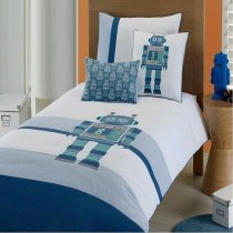Steel Blue and White Boys Robot Pattern Modern Chic Simply Chic Hipster Style 100% Organic Cotton Twin, Full Size Bedding Sets