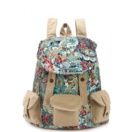 Personalized Durable Canvas Girls Preppy School Book Bag Colorful Bohemian Tribal Vintage Rosemary Bucket Drawstring Flap Backpack