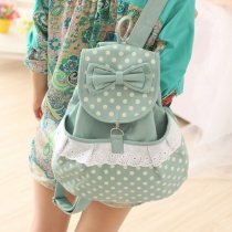 Durable Stylish Canvas Ruffle Lace Bow Girls Travel School Flap Drawstring Backpack Sage Green White Polka Dot Cute Preppy Book Bag
