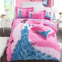 Peacock Blue Rose Pink and White Butterfly Princess Cute Style Modern Girls 100% Brushed Cotton Full, Queen Size Bedding Sets