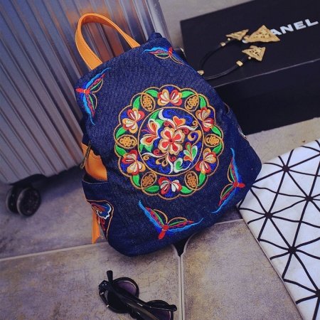 Bohemian Royal Blue Canvas with Orange Leather Women Travel Backpack Moroccan Tribal Vintage Rosette Pattern Embroidered School Book Bag