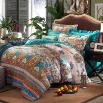 Turquoise Red Yellow and Beige Stripe and Bohemian Chic Persian Style Reversible 100% Cotton Full, Queen Size Bedding Sets