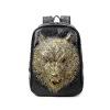 Vintage Black Leather Embossed Metallic Gold Wolf Head Boys School Campus Book Bag Punk Rock and Roll Rivet Studded Travel Backpack