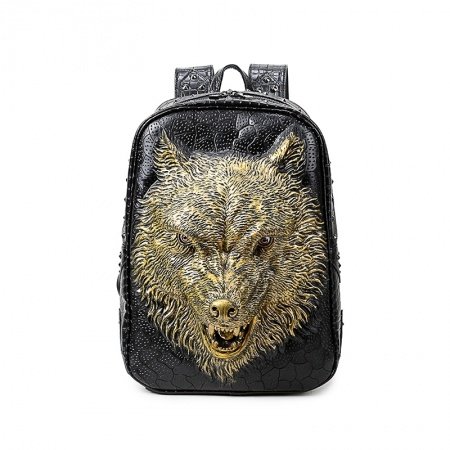 Vintage Black Leather Embossed Metallic Gold Wolf Head Boys School Campus Book Bag Punk Rock and Roll Rivet Studded Travel Backpack