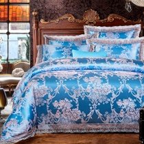 Luxury Ice Blue and Grey Floral Pattern Vintage Lace Design Sequin Shabby Chic Jacquard Satin Fabric Full, Queen Size Bedding Sets