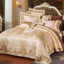 Champagne Gold Boutique Peony Flower Pattern Embroidered Design Asian Inspired Jacquard Satin Full, Queen Size Bedding Sets
