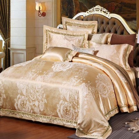 Champagne Gold Boutique Peony Flower Pattern Embroidered Design Asian Inspired Jacquard Satin Full, Queen Size Bedding Sets
