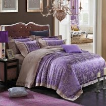 Grape Purple and Khaki Rococo Pattern Indian Design Baroque Style Embroidered Fabric Jacquard Satin Full, Queen Size Bedding Sets