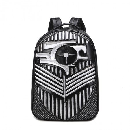 Punk Style Metallic Silver and Black Leather Masculine Travel Laptop Backpack Personalized Embossed Tactical Cool Boys School Campus Bag