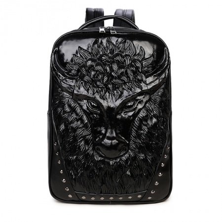 Personalized Black Patent Leather Rivet Studded Cool Men Large Travel Backpack Punk Animal Embossed Cape Buffalo School Campus Book Bag