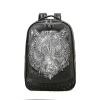 Black Leather Embossed Metallic Silver Wolf Head Boys School Book Bag Personalized Punk Style Spike Studded Large Travel Backpack