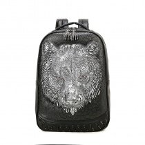 Black Leather Embossed Metallic Silver Wolf Head Boys School Book Bag Personalized Punk Style Spike Studded Large Travel Backpack