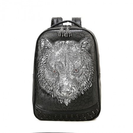 Black Leather Embossed Metallic Silver Wolf Head Boys School Book Bag Personalized Punk Style Spike Studded Large Travel Backpack