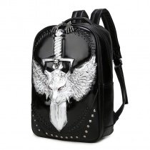 Black Patent Leather Engraved Metallic Silver Dragon Travel Backpack Punk Rock and Roll Rivet Studded Cool Boys School Campus Book Bag