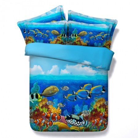 Aqua Blue Yellow Black and Brown Fish and Coral Print Under the Sea World Ocean Themed Twin, Full, Queen, King Size Bedding Sets