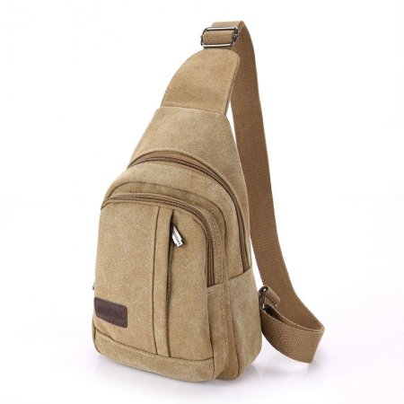 Vintage Solid Khaki Brown Canvas Masculine Men Crossbody Shoulder Chest Bag Durable Sewing Pattern Casual Travel Hiking Sling Backpack