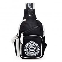 Black White Nylon Boys Anti Theft Crossbody Shoulder Chest Bag Personalized Medallion Crown Monogrammed Print Sling Travel Backpack